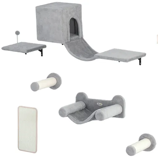 PawHut Perete de cățărat pentru pisici 6 piese set de cățărat cu căsuță pentru pisici, hamac, platformă placă de zgâriat Gri | Aosom Romania