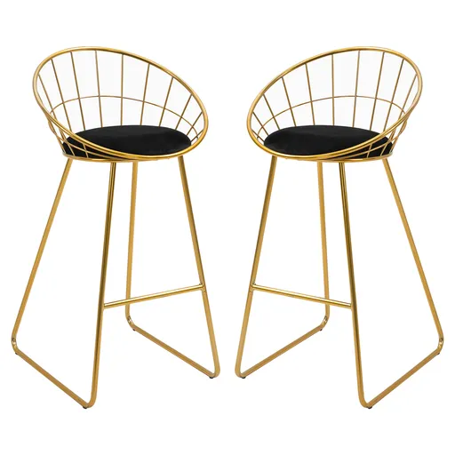 HOMCOM Set 2 Scaune Bar Înalte, Design Modern, Pernă Catifea, Poliester și Metal, Negru și Auriu, Confortabil | Aosom Romania