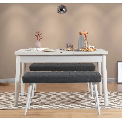 Set masa extensibila si banchete, Hanah Home, Santiago 1053, Alb / Antracit