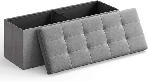Bancheta cu spatiu pentru depozitare Ottoman Classic, Songmics, 110 x 38 x 38 cm, pliabila, imitatie in/MDF, gri deschis