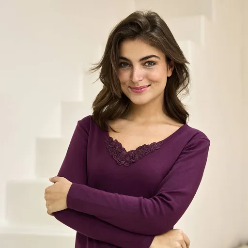 Set de 2 tricouri călduroase cu mânecă lungă, tricotate interlock, cu dantelă