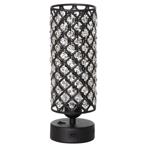 HOMCOM Lampa de Masa Eleganta cu Abajur din Cristal si 2 Porturi USB, Lumina Reglabila Touch, Design Modern, Ф10,8x30 cm, Negru | Aosom Romania