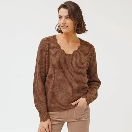 Pulover cu decolteu în V, confecționat din tricot simplu