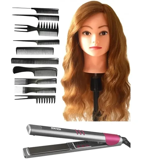 Set Coafor Perfect Curl cu Manechin Par Natural 100% - 50-55 cm, Placa De Par DSP si Set 10 Piepteni