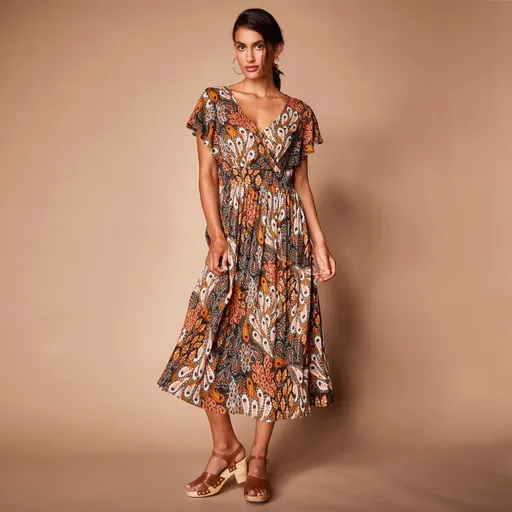 Rochie midi Crepon cu decolteu încrucișat și imprimeu