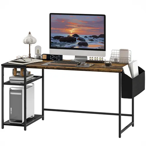 HOMCOM Birou de calculator 150 x 60 cm cu rafturi reversibile și sac din material textil, pentru spații mici, marron | Aosom Romania