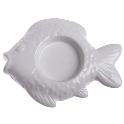 Suport de lumânări de Crăciun din ceramică Fish alb, 11 x 2 x 8,5 cm