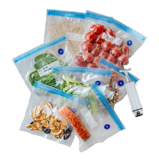 Pungi pentru vidare si gatit Su Tip Izibizi, 20 buc, 4 dimensiuni, -20°C la +95°C, Reutilizabile, Fara BPA, Inchidere etansa dubla, Transparent/Albast