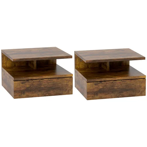 HOMCOM Set de 2 Noptiere Suspendate cu Sertar și Poliță Superioară, 35x32x22.5 cm, Lemn Natural | Aosom Romania