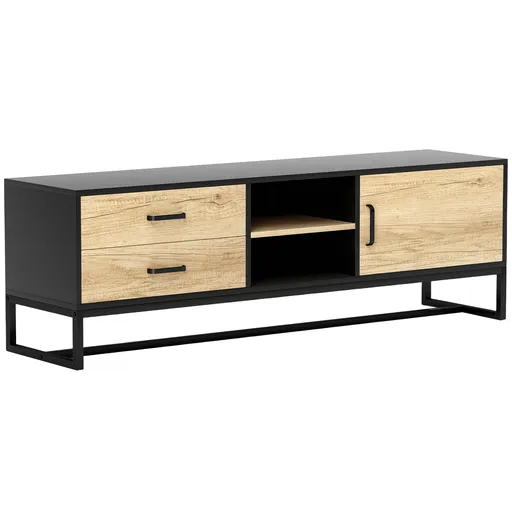 HOMCOM Mobilier pentru TV de 60" cu Dulăpior, 2 Sertare și Rafturi Deschise Reglabile, 140x35x45 cm, Lemn Natural | Aosom Romania