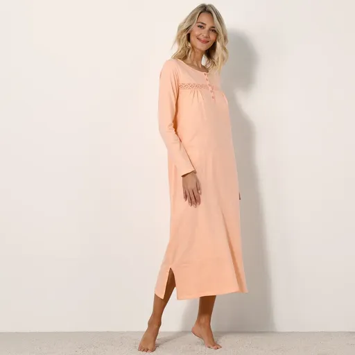 Cămașă de noapte cu mânecă lungă, de culoare solidă, cu macramé