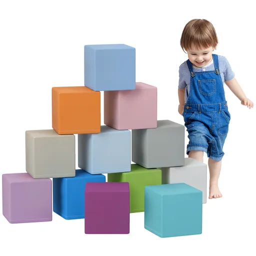 HOMCOM Set 12 Cuburi de Jucărie Moi pentru Copii 12-36 Luni, 20x20x20 cm, Multicolor Închis | Aosom Romania
