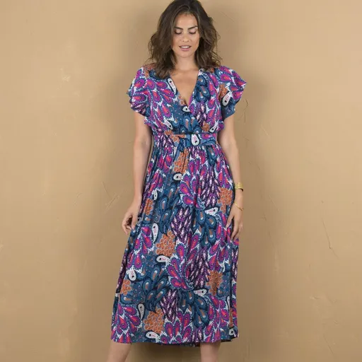 Rochie midi din crepon cu decolteu în V și imprimeu