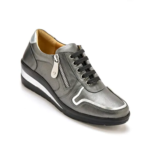 Pantofi joși din piele PEDICONFORT cu detalii metalice, șireturi și fermoar