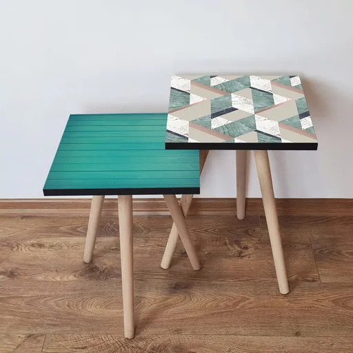 Set masute 2 piese, Hanah Home, 2Shp497, Albastru / Alb / Bej / Albastru Marin