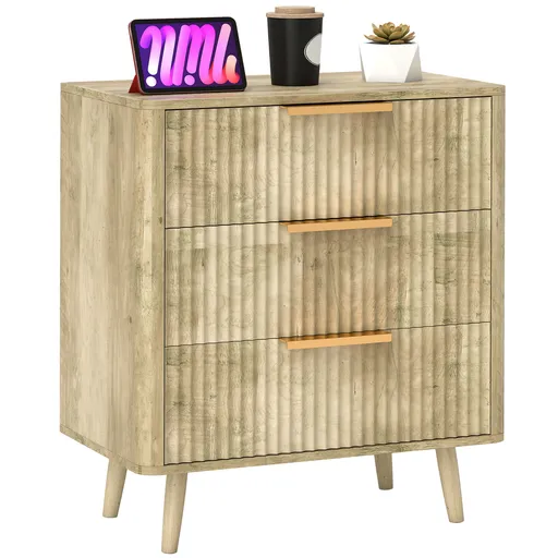 HOMCOM Comodă 3 sertare cu mânere și picioare din pin, efect de lemn canelat, pentru cameră, living, hol, stejar | Aosom Romania