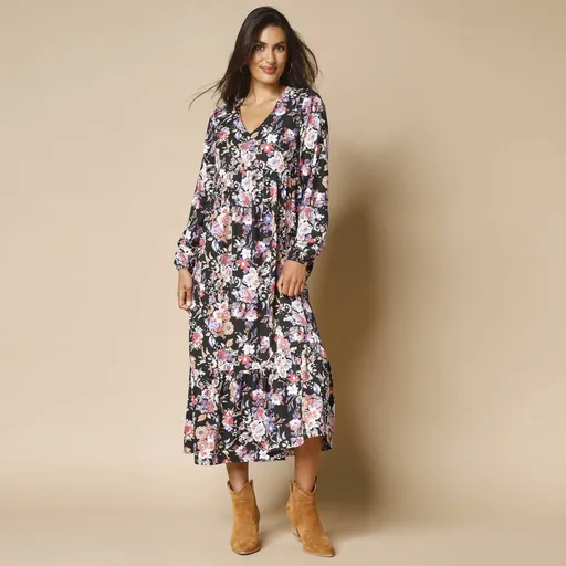 Rochie lungă cu imprimeu floral, crep