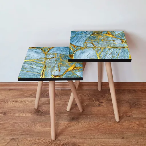 Set masute 2 piese, Hanah Home, 2Shp235, Albastru / Auriu