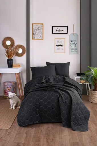 Set cuvertura Single 160x220 cm, 2 piese, L'essentiel Maison, Solid, Negru