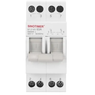 Comutator de transfer manual, 2P 63A Sinotimer SF219G separator de comutare, centru off, montaj pe sina DIN Sinotimer SF219G-63A-2P