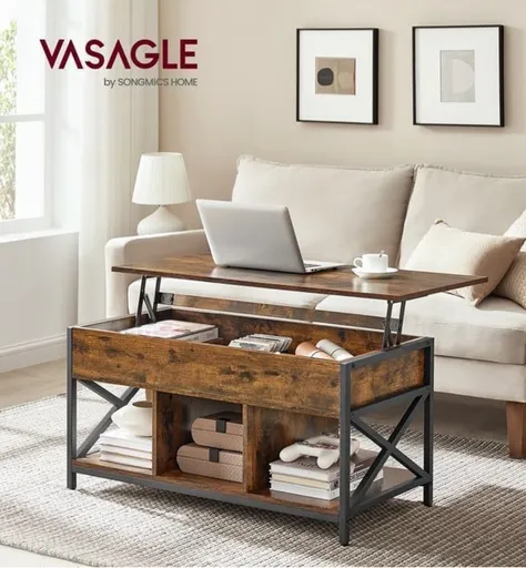 Masuta de cafea cu blat rabatabil, Vasagle Lift Top, 100x50x49-62 cm, PAL/otel, maro