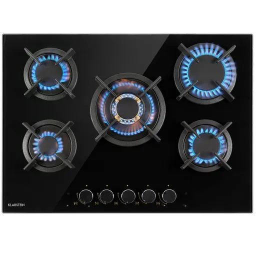 Klarstein Goldflame 5, plită pe gaz, 5 arzătoare din aramă, ceramică din sticlă, negru