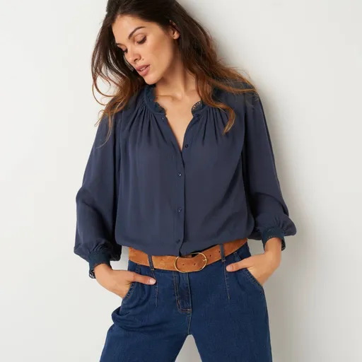 Bluză tip cămașă uni cu macrame