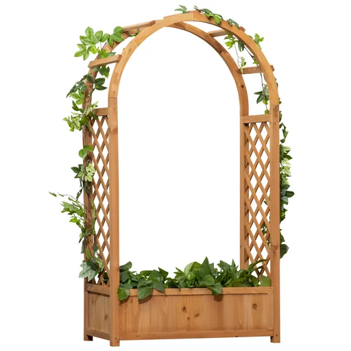 Outsunny Jardiniera de exterior din lemn de brad maro cu arc decorativ si grile pentru plante cataratoare, 83x36x152cm | Aosom Romania