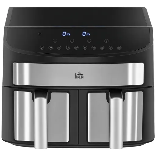 HOMCOM Friteuză cu Aer Cald cu Vas Dublu, Friteuză fără Ulei cu Ecran Tactil LED, Temporizator și Temperatură Reglabilă, 38.8x36.3x31.1 cm, Negru