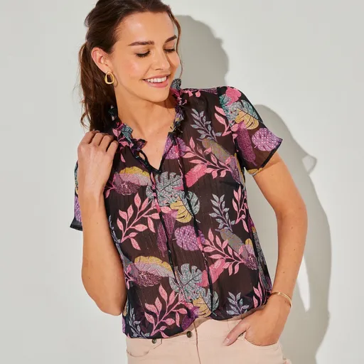 Bluză cu cămașă din voal cu imprimeu