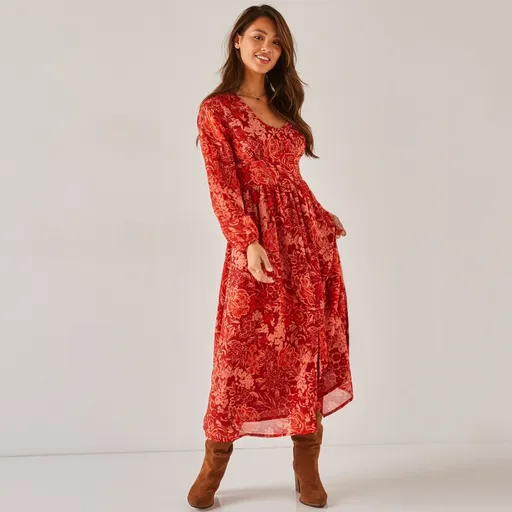 Rochie lungă din voal cu imprimeu pentru siluete mici