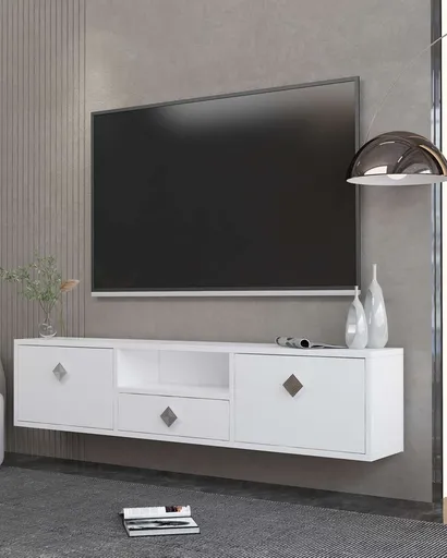 Comoda TV, Hanah Home, 1305-DROP-1, 140x30x30 cm, PAL , Alb / Argintiu