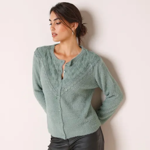 Pulover tricotat elastic cu grămadă și tul brodat