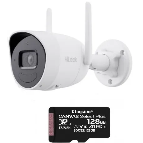 Camera Wifi Hikvision HiLook 2MP, lentila 2.8mm, IR 30m, microfon, difuzor, IP66 cu card 128GB inclus
