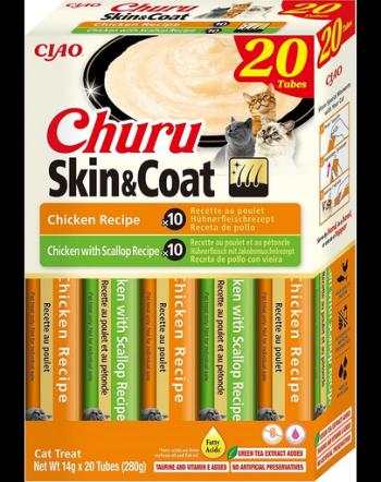 INABA Churu Cat Skin Coat 20x14g recompensa crema, cu pui si scoici pentru pisica
