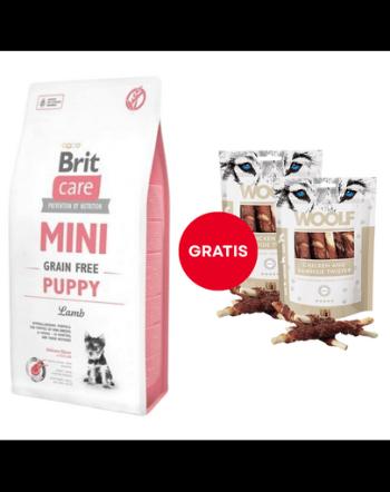 Hrana cu miel BRIT Care Mini Grain Free Mini Puppy Lamb 7 kg + WOOLF Chicken And Rawhide Twister 2 x 100g GRATIS
