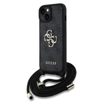 Guess PU 4G Metal Logo Crossbody Strap iPhone 15 hátlap tok, fekete
