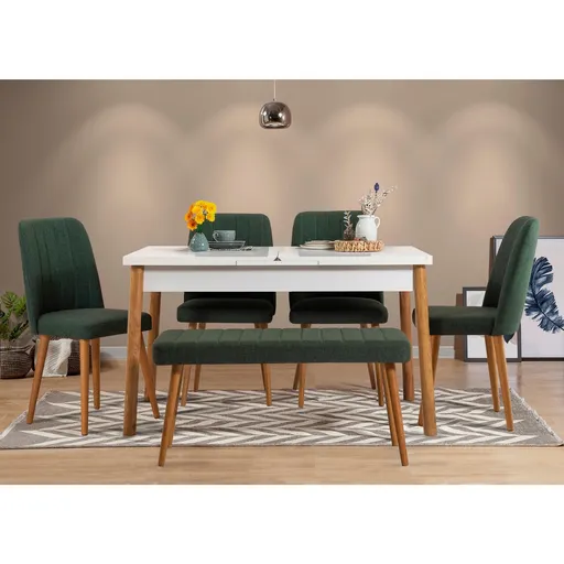 Set masa extensibila si scaune, Hanah Home, Santiago Atlantic-White Green, Pin Atlantic / Alb / Verde