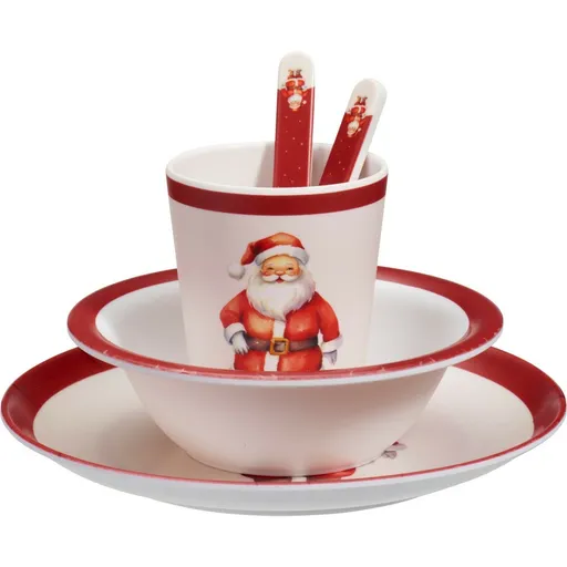 Set de masă pentru copii din melamină Moș Crăciun,5 piese, roșu