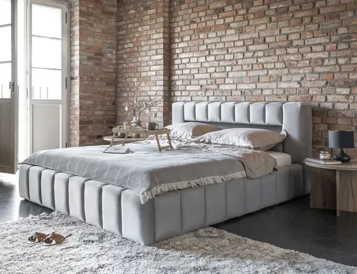 Pat tapitat cu somiera rabatabila si lada depozitare, 180x200 cm, ELTAP, Lamica, metal/poliester, gri deschis