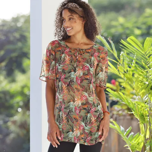 Tunică din voal cu decolteu cu dantelă și imprimeu