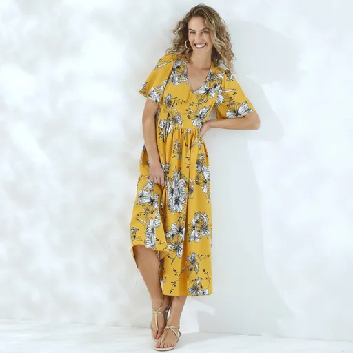 Rochie lungă cu mâneci largi și imprimeu floral