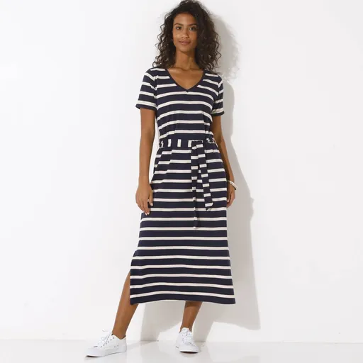 Rochie midi cu dungi și curea, cu decolteu în V