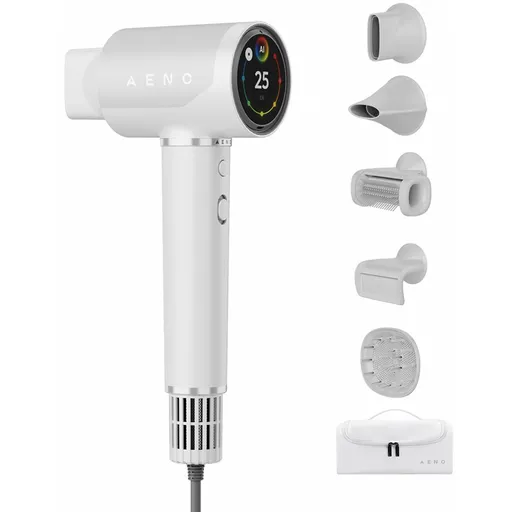 Uscător de păr cu motor fără perii AI AENO HD5 AHD0005W, 1500W, 2 viteze, 3 trepte, 67 dB, Control vocal, Alb