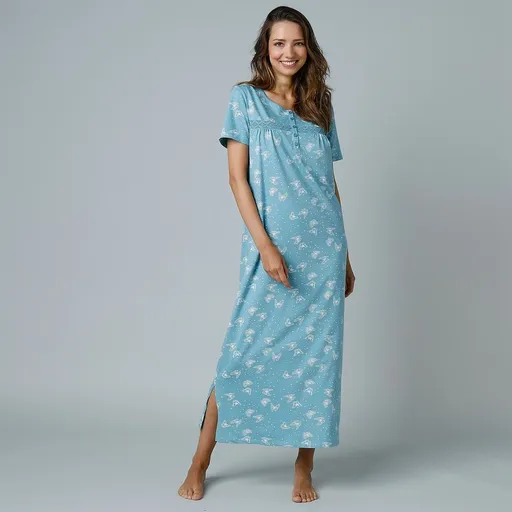 Cămașă de noapte lungă cu mâneci scurte și imprimeu cu fluturi