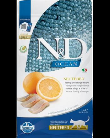 FARMINA N&amp;D Ocean - Hrană uscată pentru pisici adulte, după castrare - hering și portocală -1,5 kg