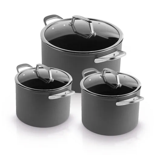 Set de vase Ninja ZeroStick C33300DE, 6 piese, până la 260 °C, acoperire antiaderentă, fără PFAS, capac din sticlă, inducție, negru