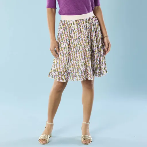 Fustă scurtă evazată cu imprimeu, pentru o siluetă mai mică