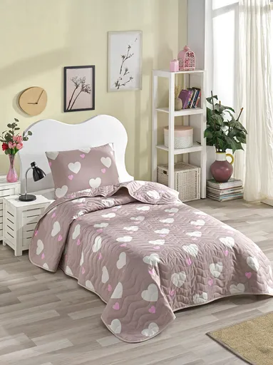 Set cuvertura Single 160x220 cm, 2 piese, L'essentiel Maison, Herz, Trandafir praf / Alb