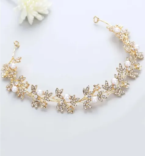 Coronita Mireasa Aurie cu Strasuri si Detalii cu Perle - 12860715